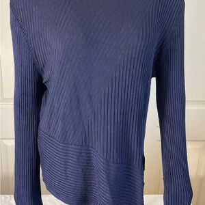 TopShop Womens Long Sleeve Ribbed Top Size 12 Navy Blue Asymmetrical Cut